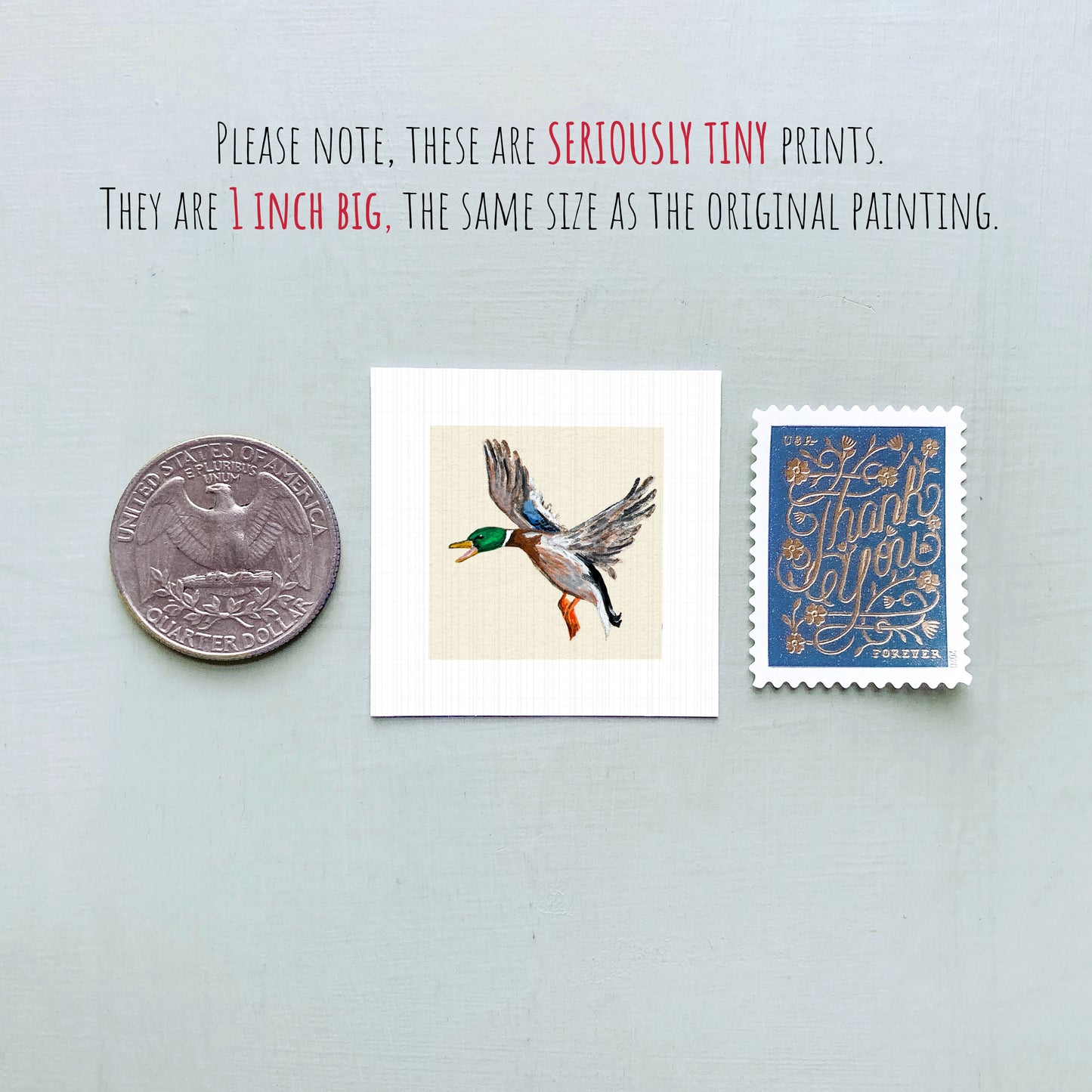 a collection of three objects: a United States quarter, a small square print of a duck, and a blue postage stamp.