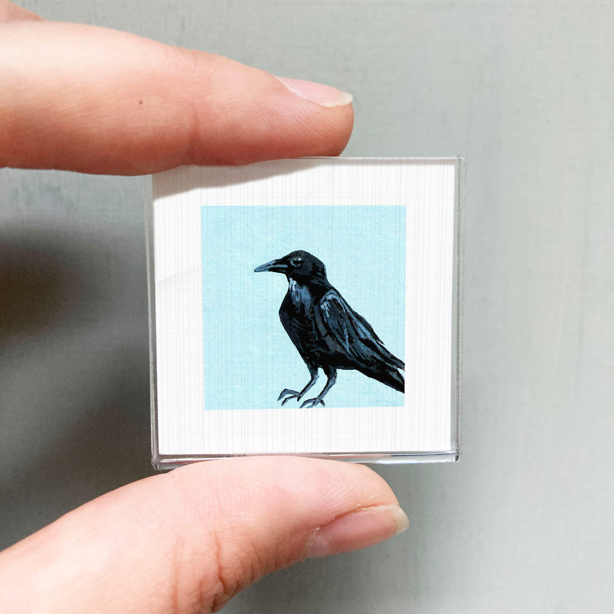 A person's hand is holding a small square picture of a black bird against a light blue background.