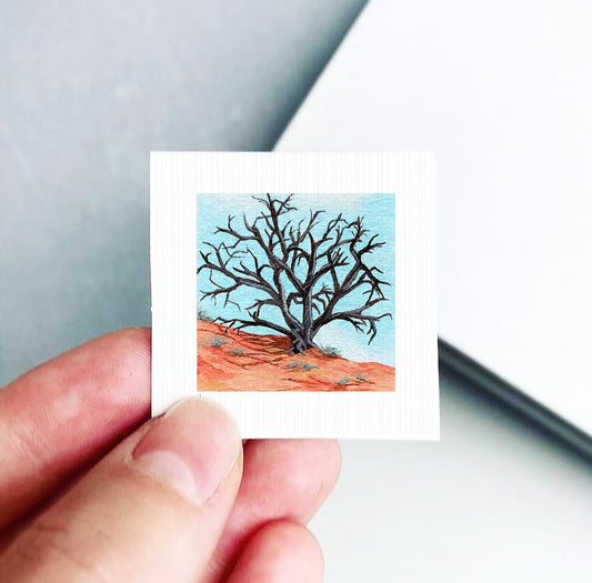 A hand is holding a small square picture depicting a barren tree with twisted branches against a blue sky.