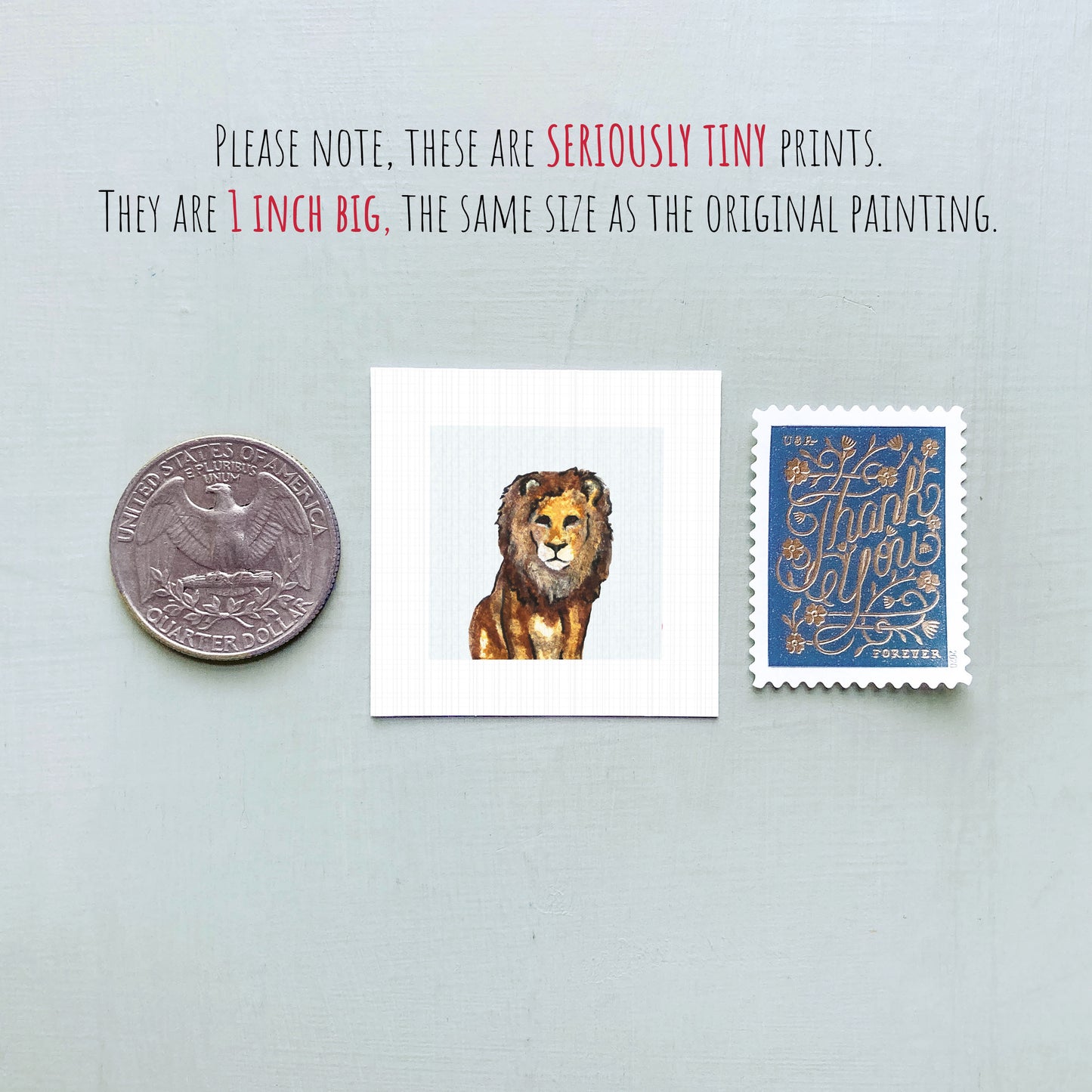 a collection of three small items: a quarter, a lion print, and a postage stamp.
