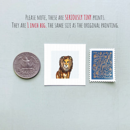 a collection of three small items: a quarter, a lion print, and a postage stamp.