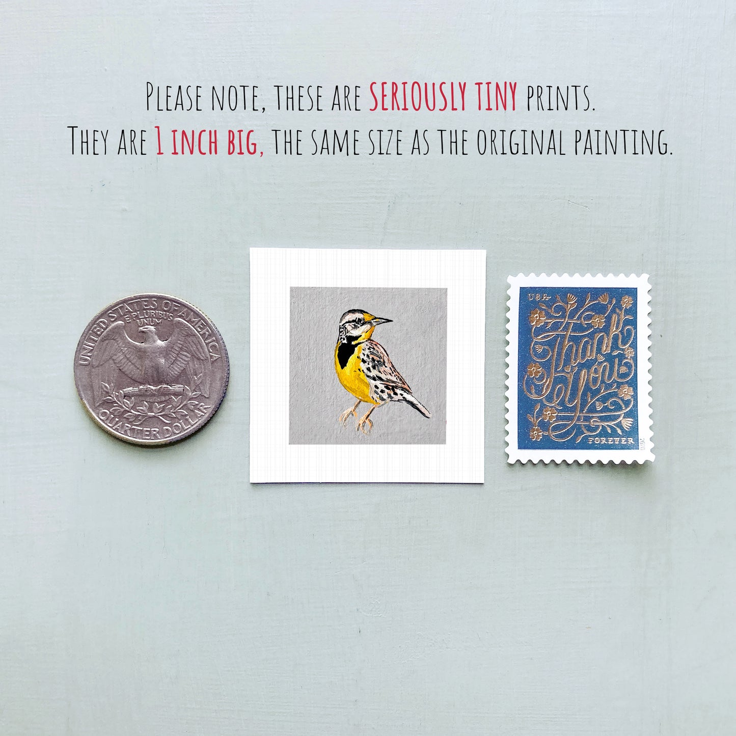 a collection of three small items: a quarter, a postage stamp, and a painting of a bird.