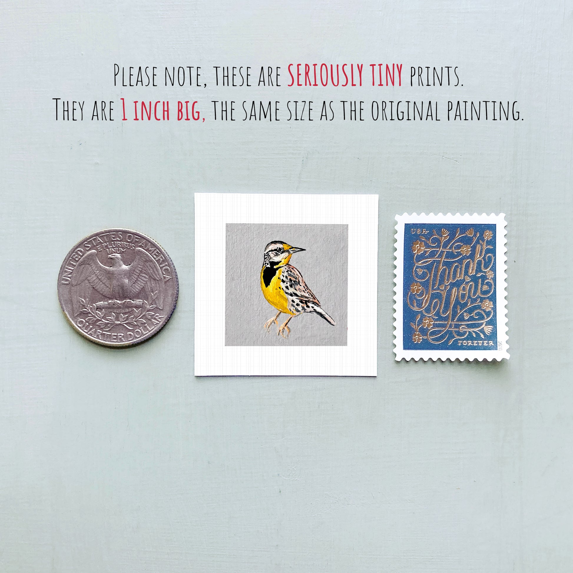 a collection of three small items: a quarter, a postage stamp, and a painting of a bird.