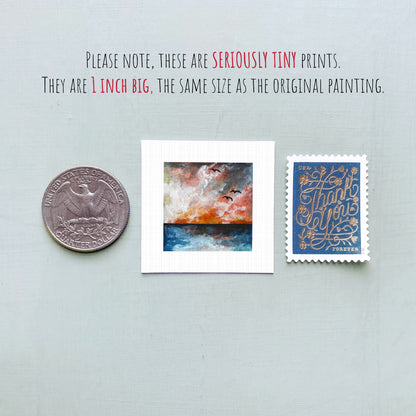 three small artworks: a coin, a painting, and a postage stamp. The coin is 1 inch in size, the painting is 1 inch wide, and the postage stamp is 1 inch in width.