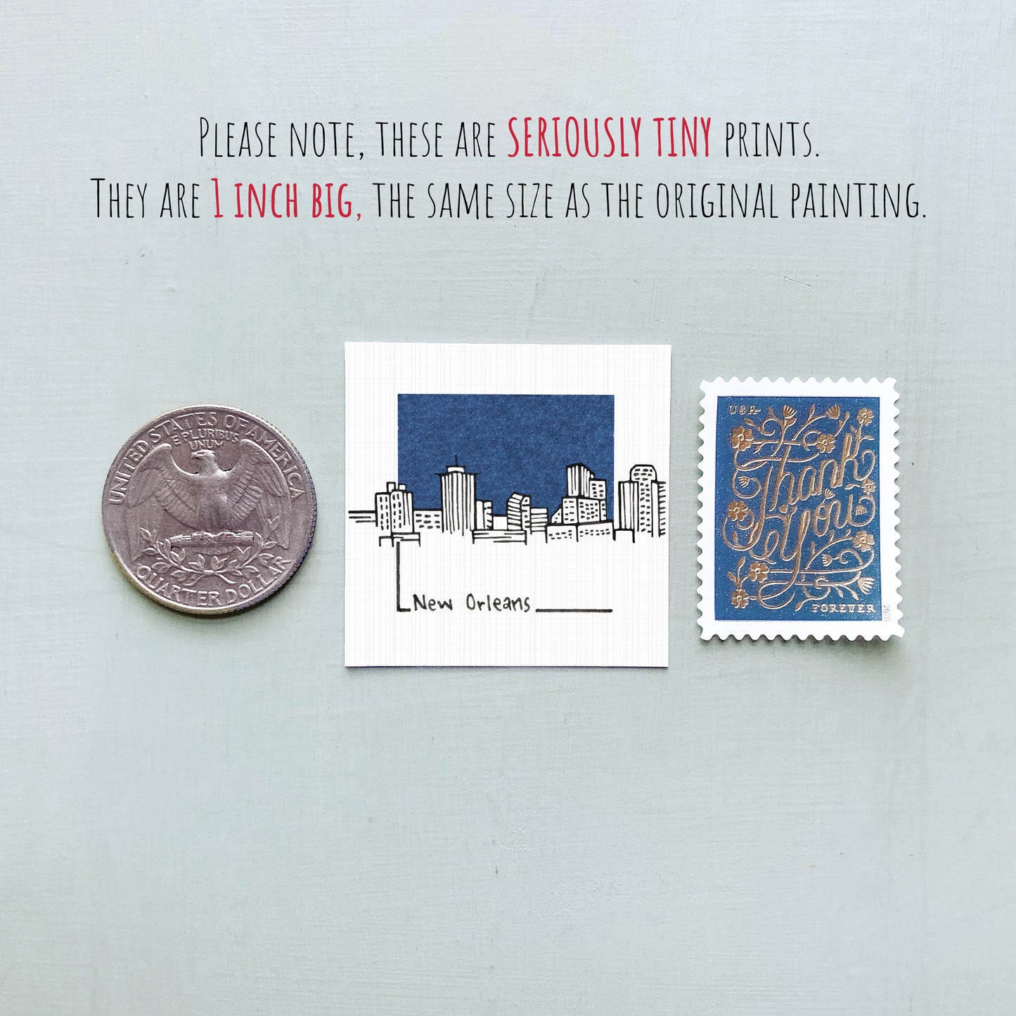 three tiny prints: a quarter, a New Orleans postage stamp, and a New Orleans postage stamp.