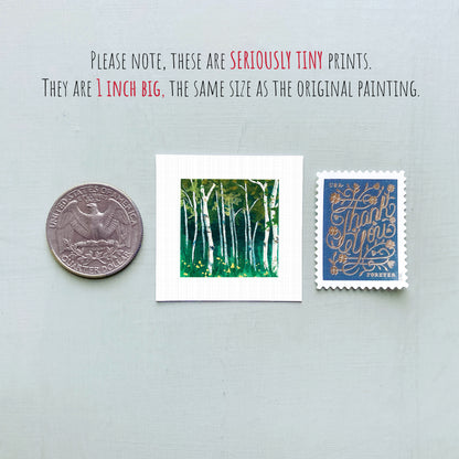 three small artworks: a quarter, a square print of a forest scene, and a postage stamp.
