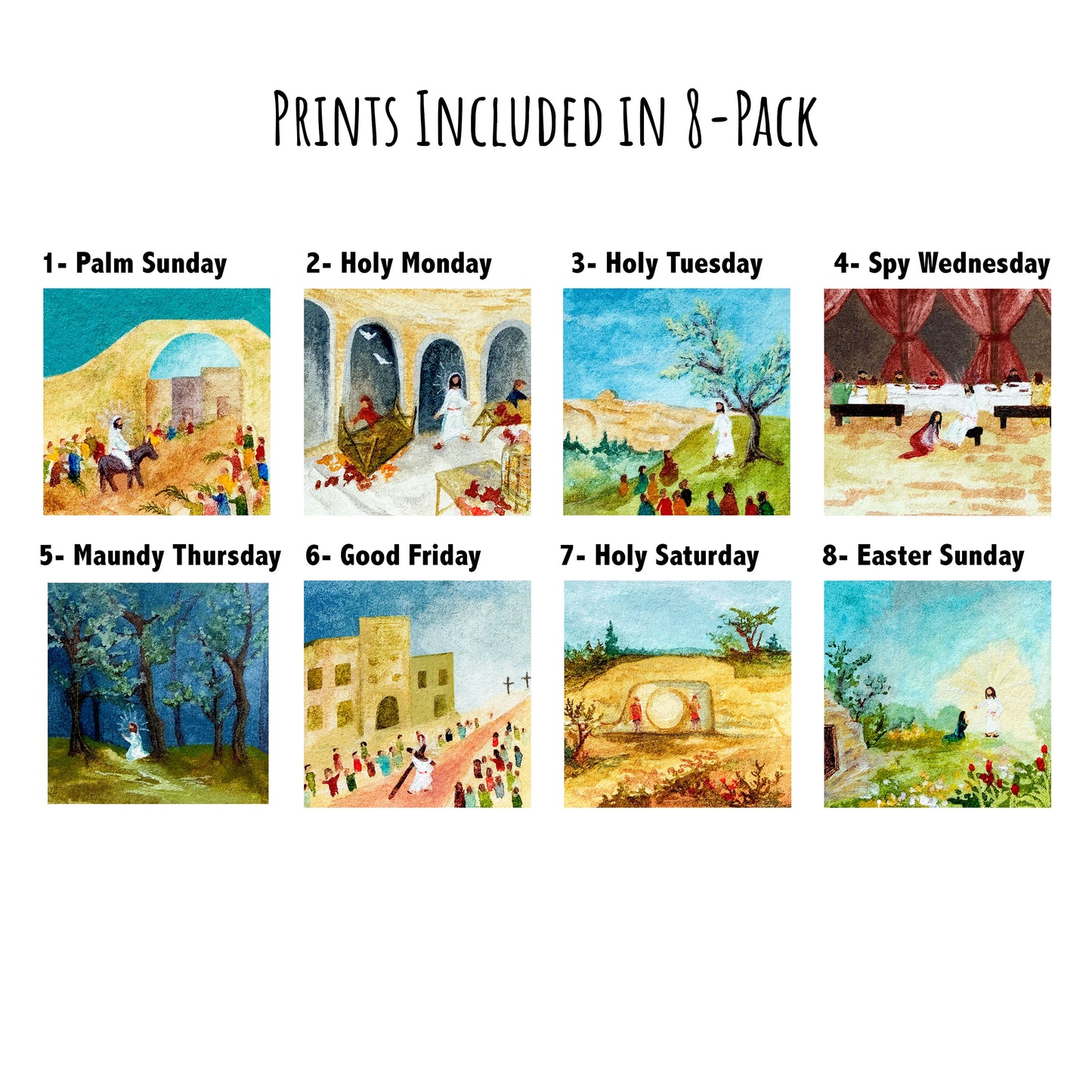 Miniature Easter Holy Week Art Prints Set of 8 - Tiny Watercolor 1-Inch Mini Wall Decor