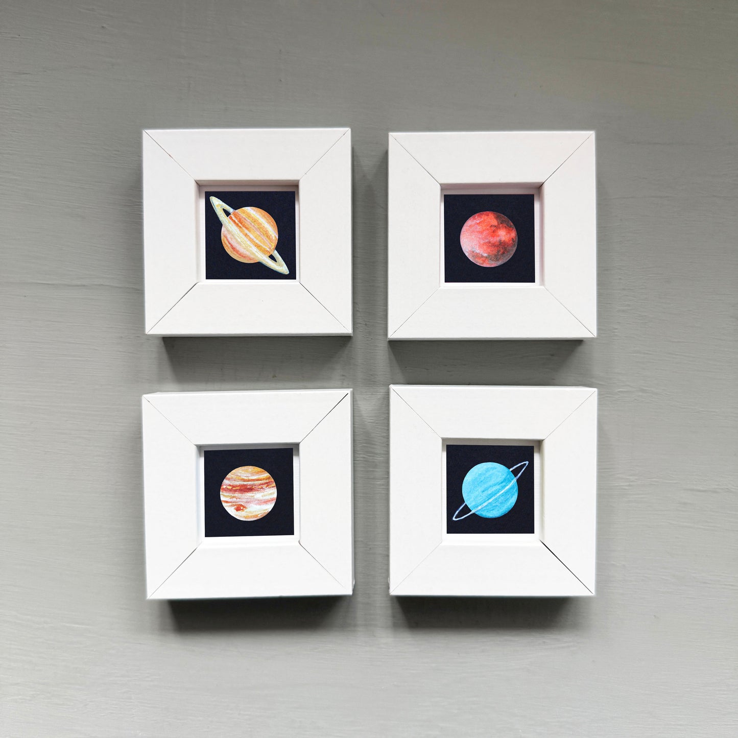 Miniature Planet Art Prints Set of 8 - Tiny Watercolor Solar System 1-Inch Mini Wall Decor