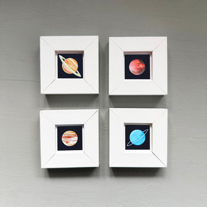 Miniature Planet Art Prints Set of 8 - Tiny Watercolor Solar System 1-Inch Mini Wall Decor
