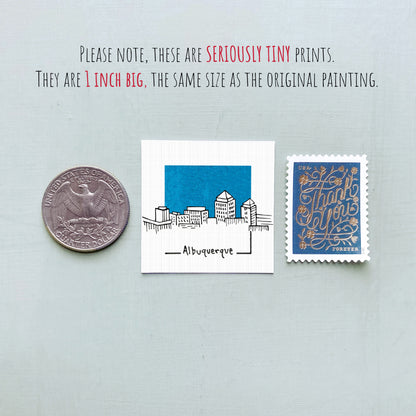 three different objects: a quarter, a small square print, and a postage stamp. The quarter is described as a "QUARTER DOLLAR" and the small square print is labeled "AlBUQUERQUE". The postage stamp is described as "Thank you".