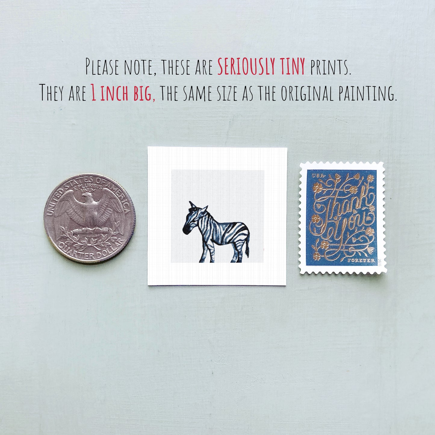 a collection of three small items: a quarter, a zebra illustration, and a postage stamp.