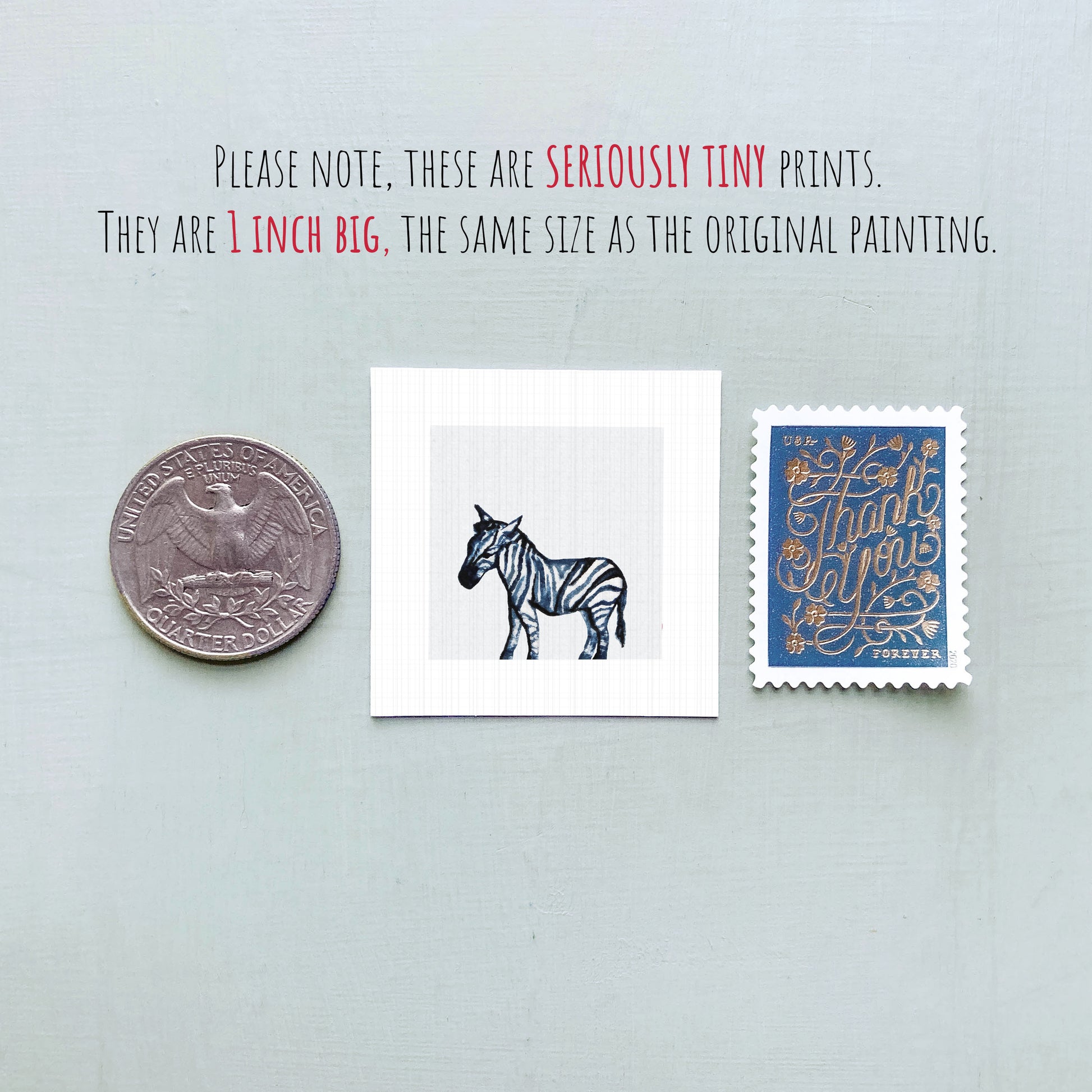 a collection of three small items: a quarter, a zebra illustration, and a postage stamp.