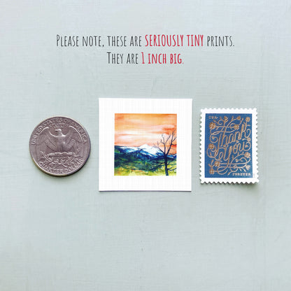 a collection of three small items: a quarter, a postcard, and a stamp.