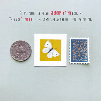 three small prints: a silver coin, a yellow square print of a butterfly, and a blue postage stamp.