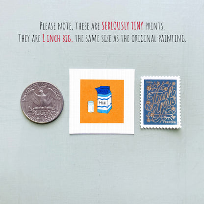 three small items: a quarter, a milk carton, and a postage stamp.