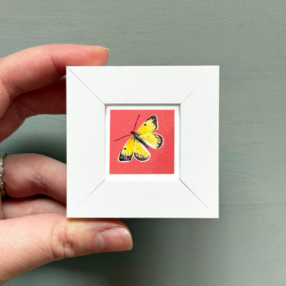 A hand is holding a small white frame containing a vibrant painting of a yellow butterfly against a red background.