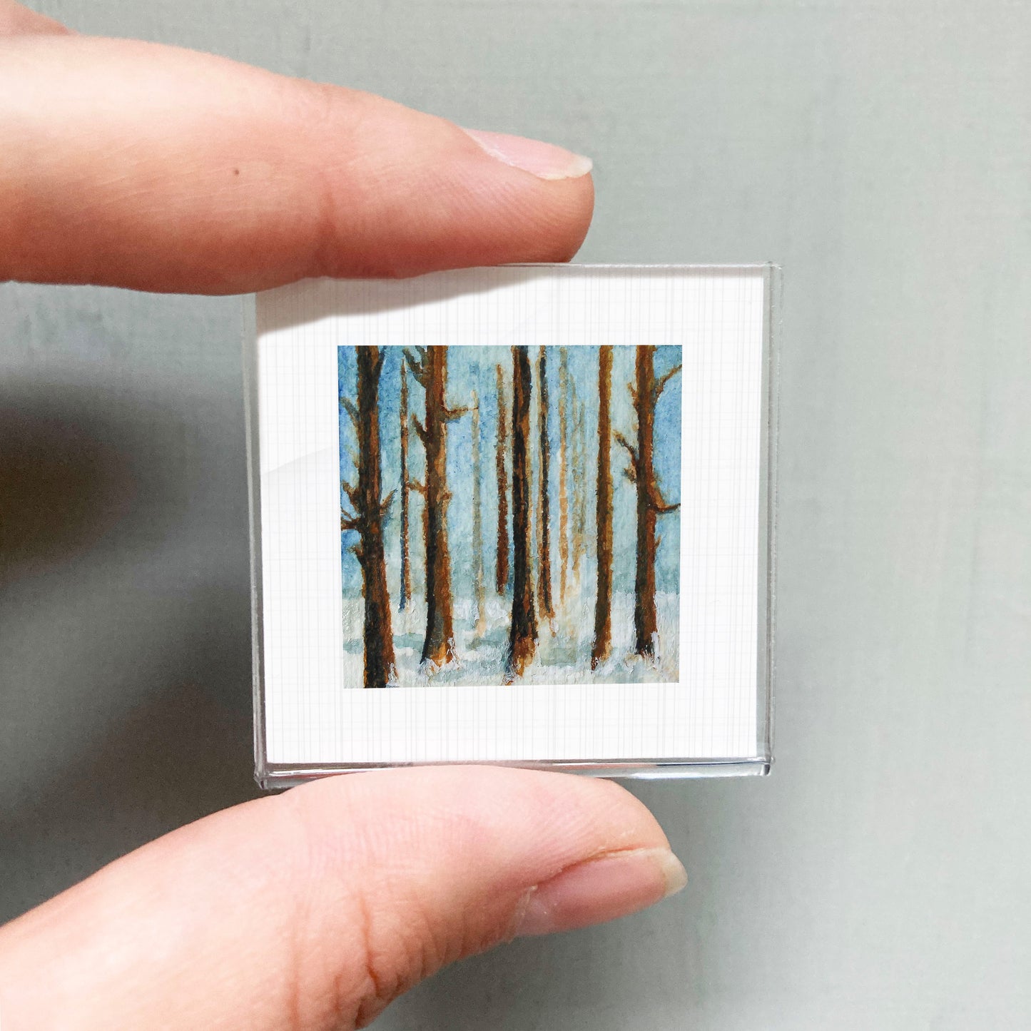 A person's hand holding a small square picture of a snowy forest scene.