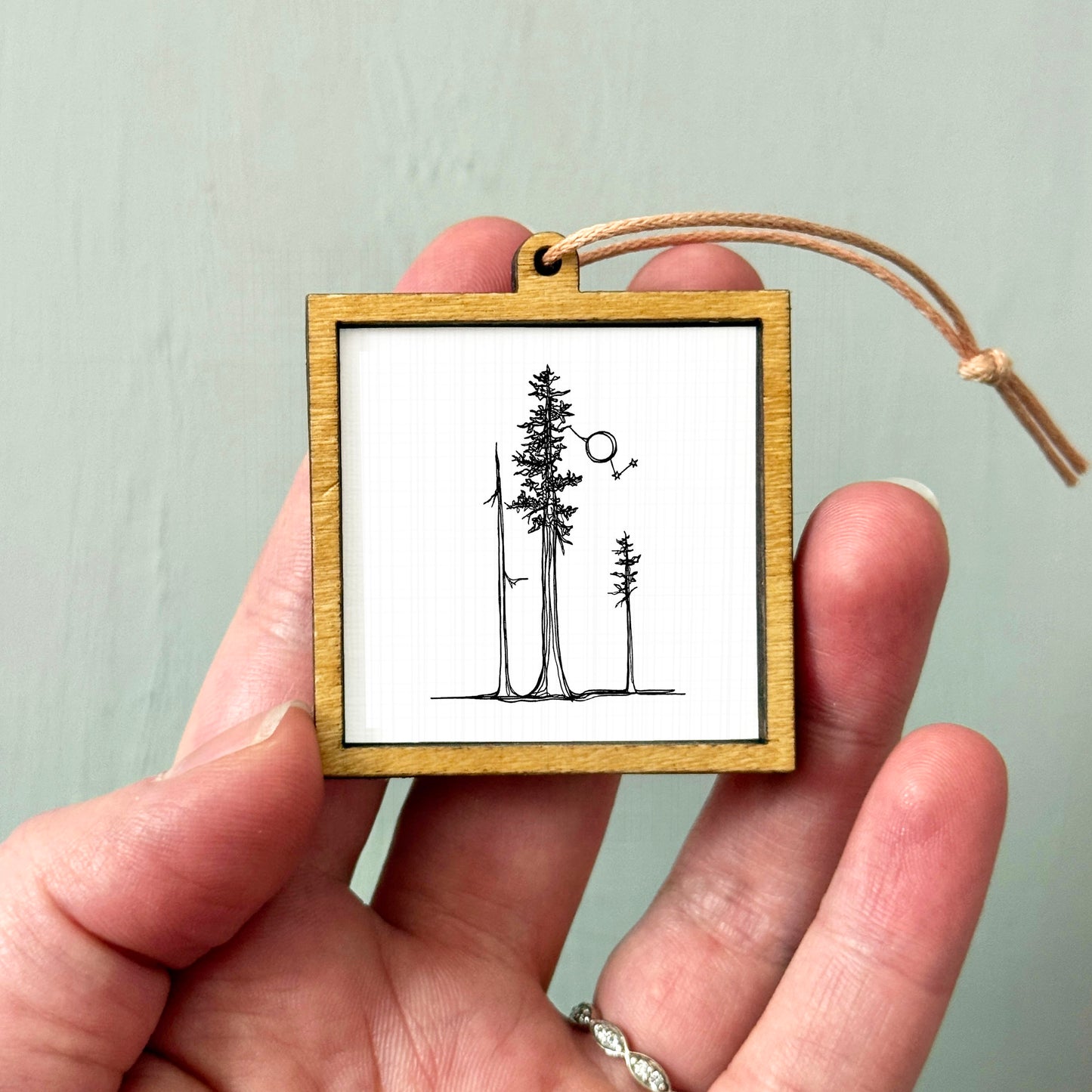 A hand holding a small wooden frame with a picture of a tree and a bird inside it.