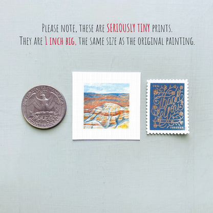 three small prints: a quarter, a postage stamp, and a painting.