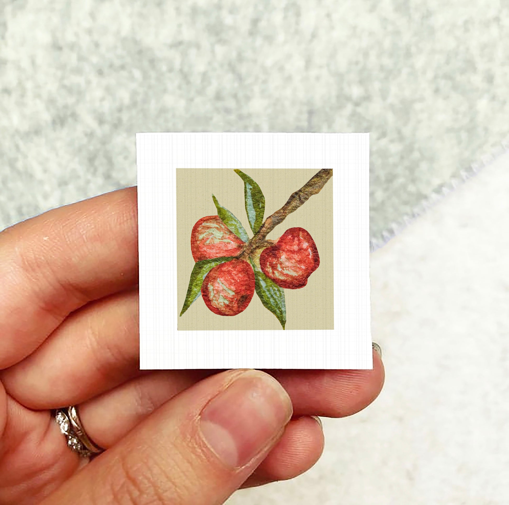 A hand holding a small square card with a painting of a branch with red fruit on it.