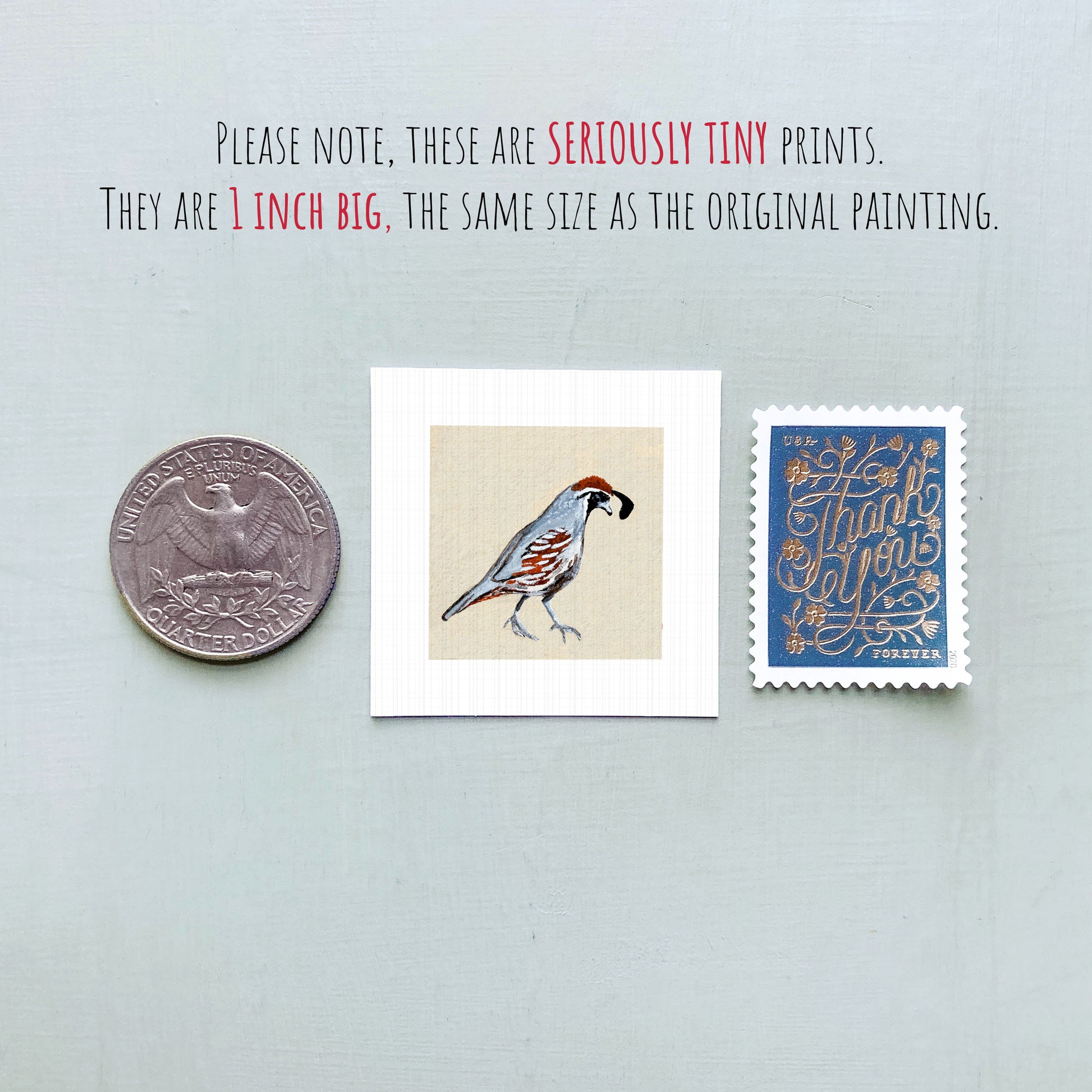 a collection of three small items: a quarter, a square print of a bird, and a postage stamp.