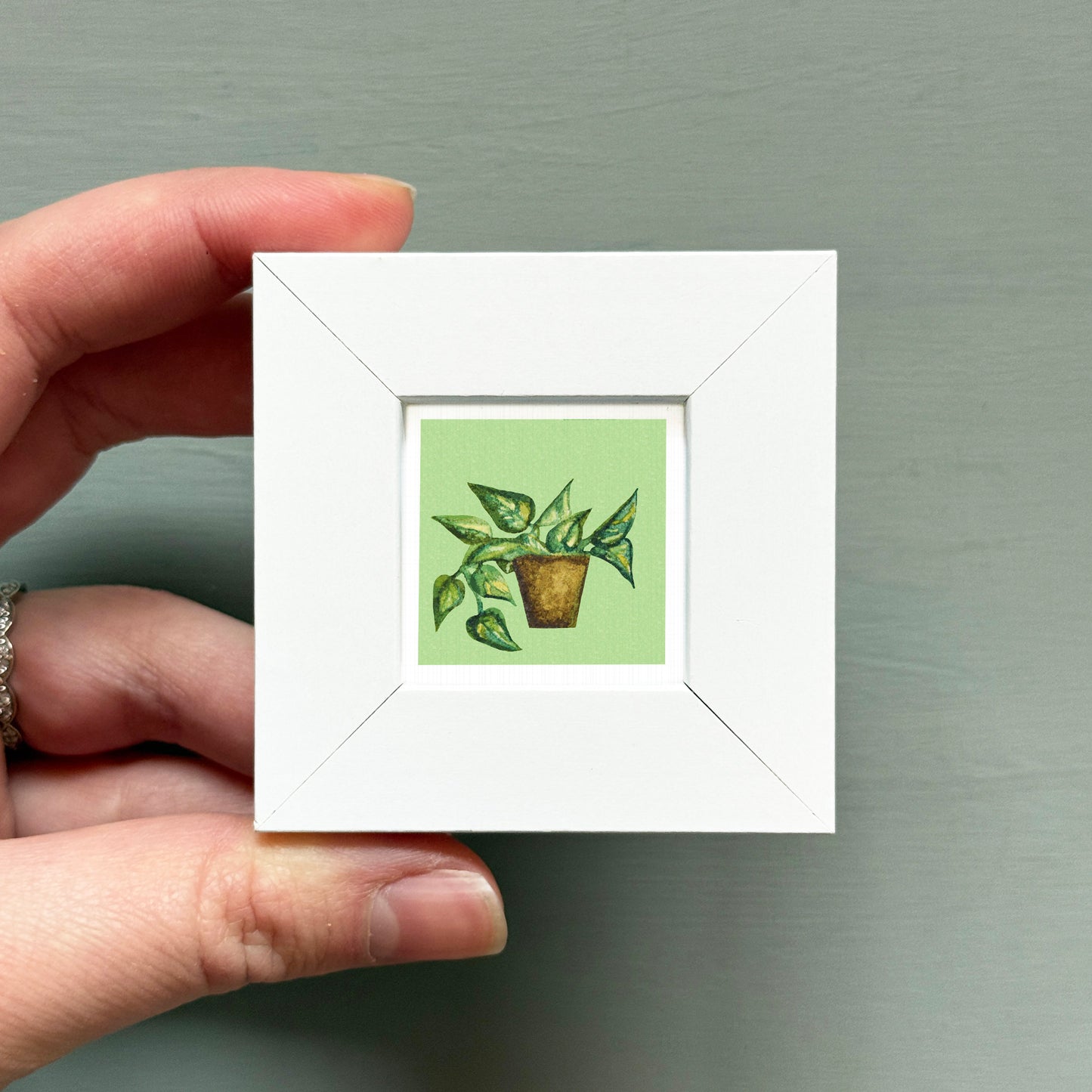 A hand is holding a small white square frame containing a painting of a potted plant.