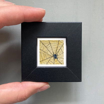 A person's hand is holding a small black frame containing a framed image of a spider on a web.