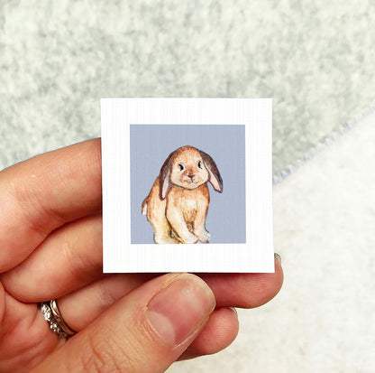 A person's hand holding a small square picture of a rabbit.
