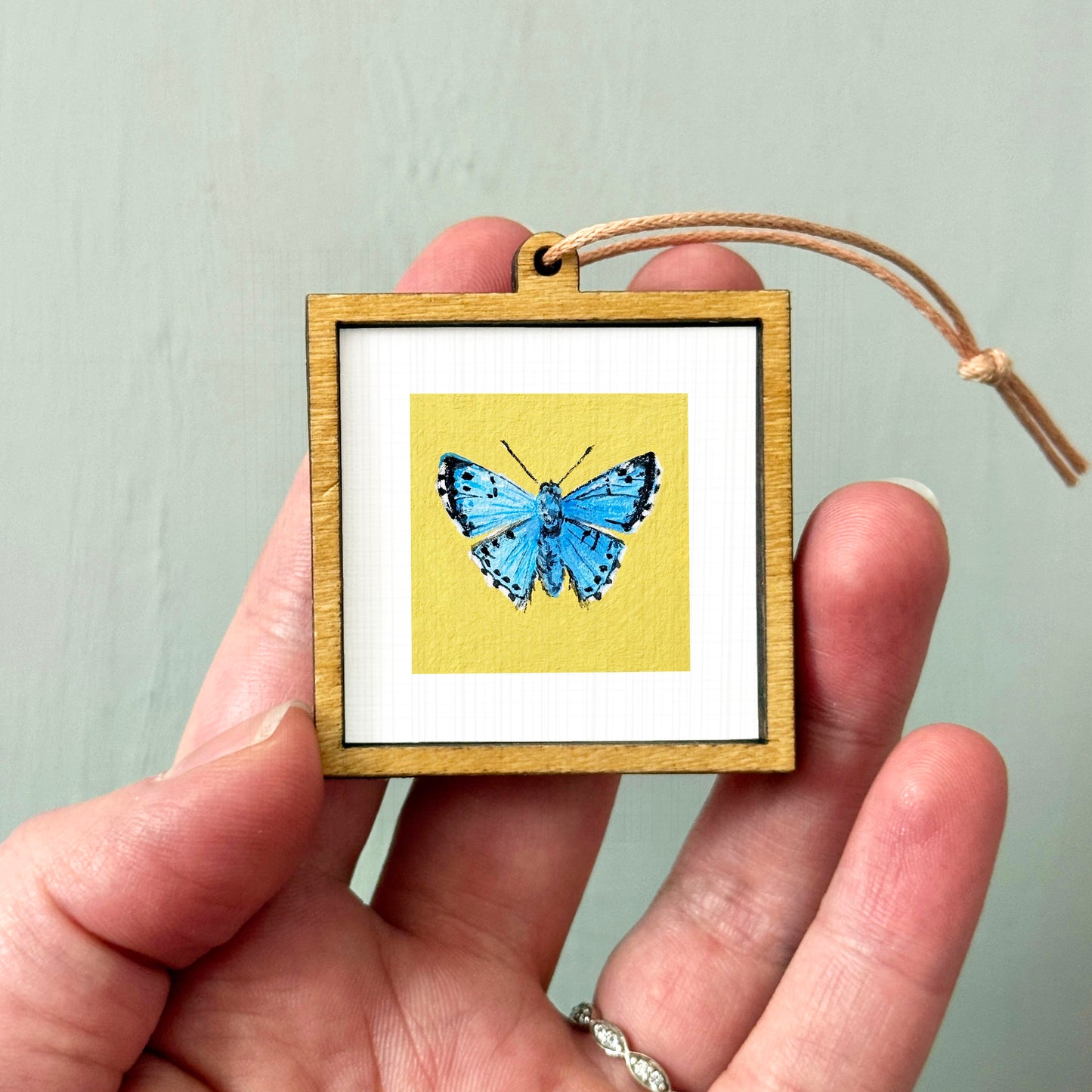 A hand holding a small wooden frame containing a picture of a blue butterfly.