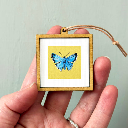 A hand holding a small wooden frame containing a picture of a blue butterfly.