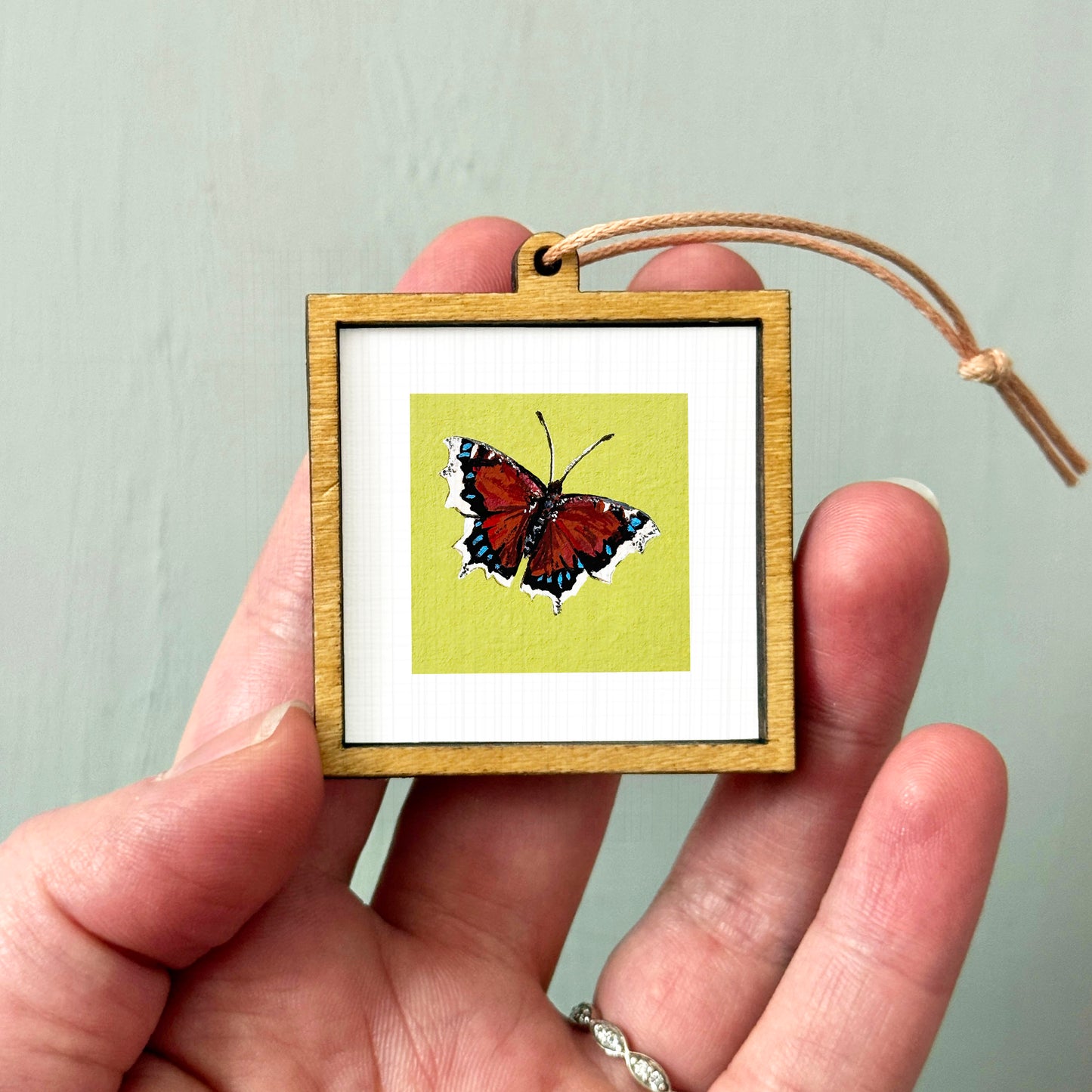 A hand holding a small wooden frame containing a framed image of a butterfly.