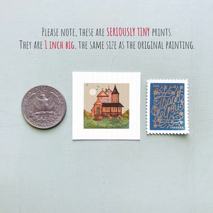 three small prints: a quarter, a miniature house print, and a postage stamp.