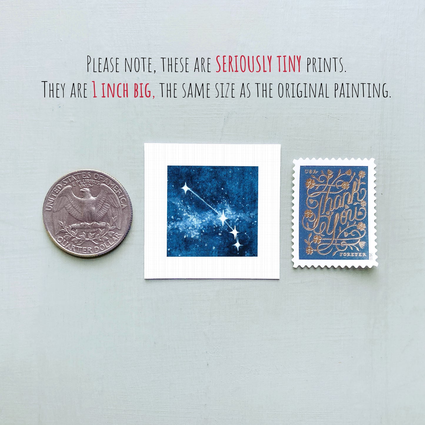three small prints and a coin, all of which are described as "seriously tiny prints" and "1 inch big," respectively.