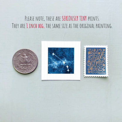 three small prints and a coin, all of which are described as "seriously tiny prints" and "1 inch big," respectively.