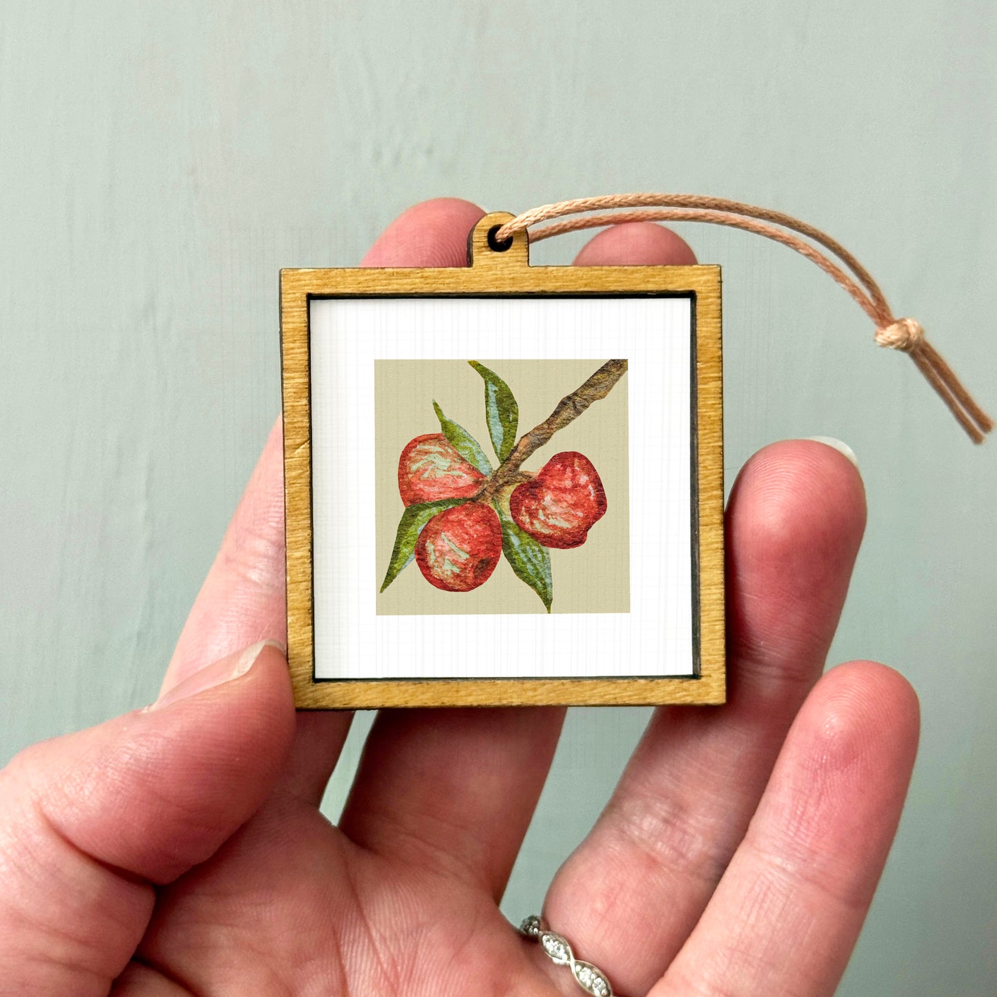 A person's hand holding a small wooden frame containing a framed image of a branch with red fruit.