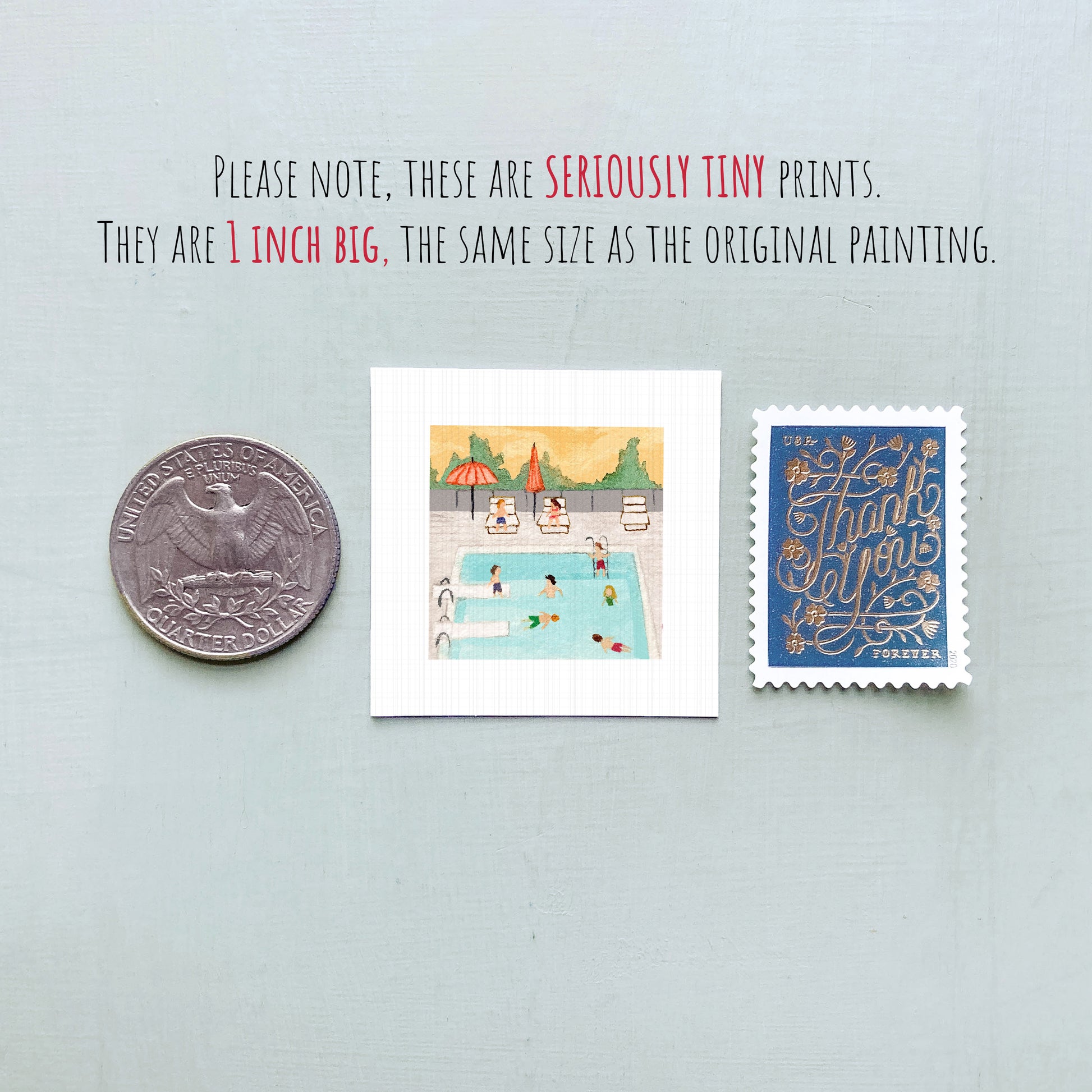a collection of three small items: a quarter, a postage stamp, and a painting of a swimming pool.