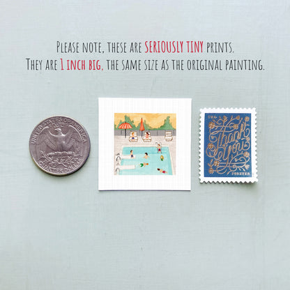a collection of three small items: a quarter, a postage stamp, and a painting of a swimming pool.