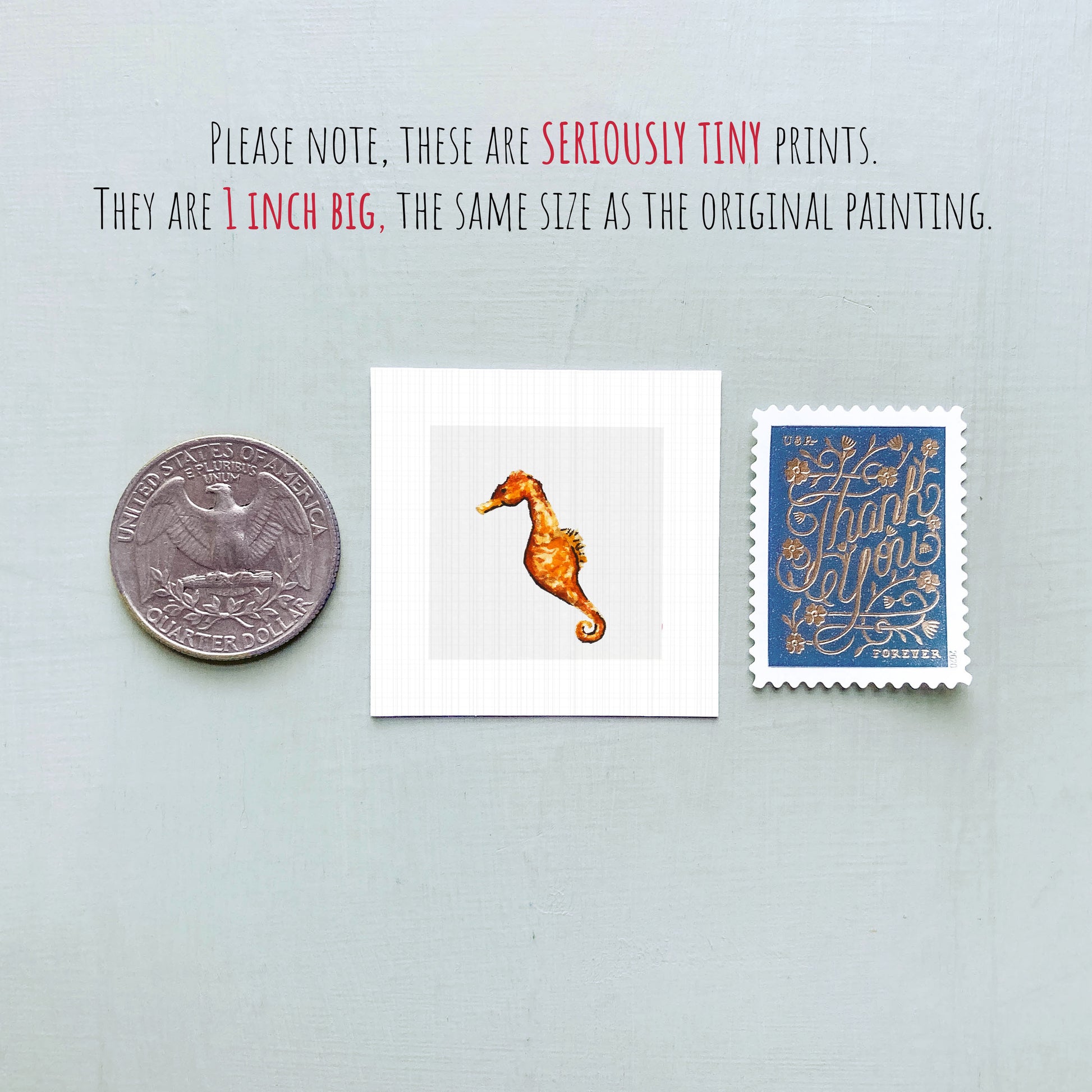 a collection of three small objects: a quarter, a seahorse print, and a postage stamp.