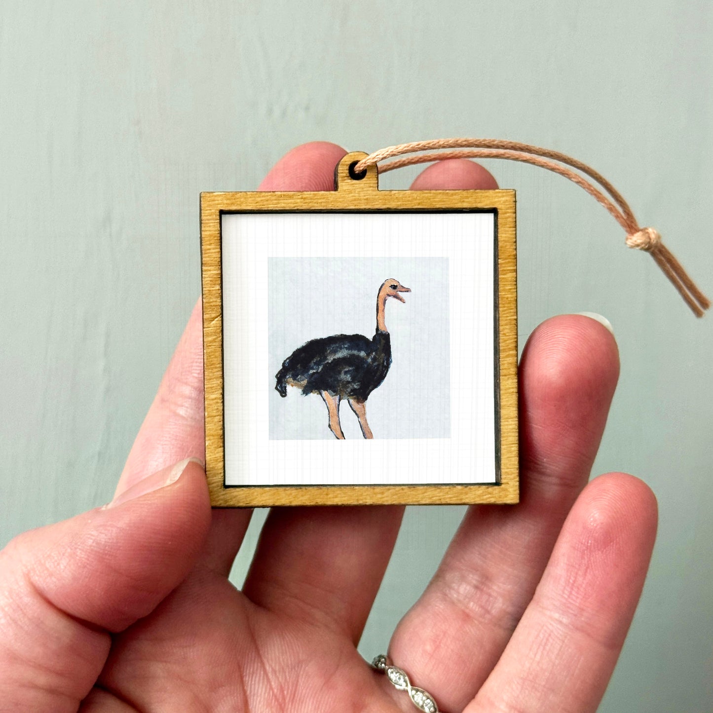 A person's hand holding a small wooden frame containing a picture of an ostrich.