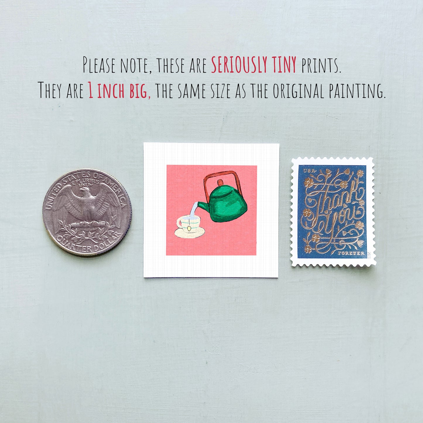 three small items: a quarter, a square illustration of a green teapot, and a blue postage stamp.