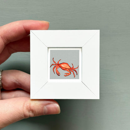 A hand is holding a small white frame containing a framed image of a crab.