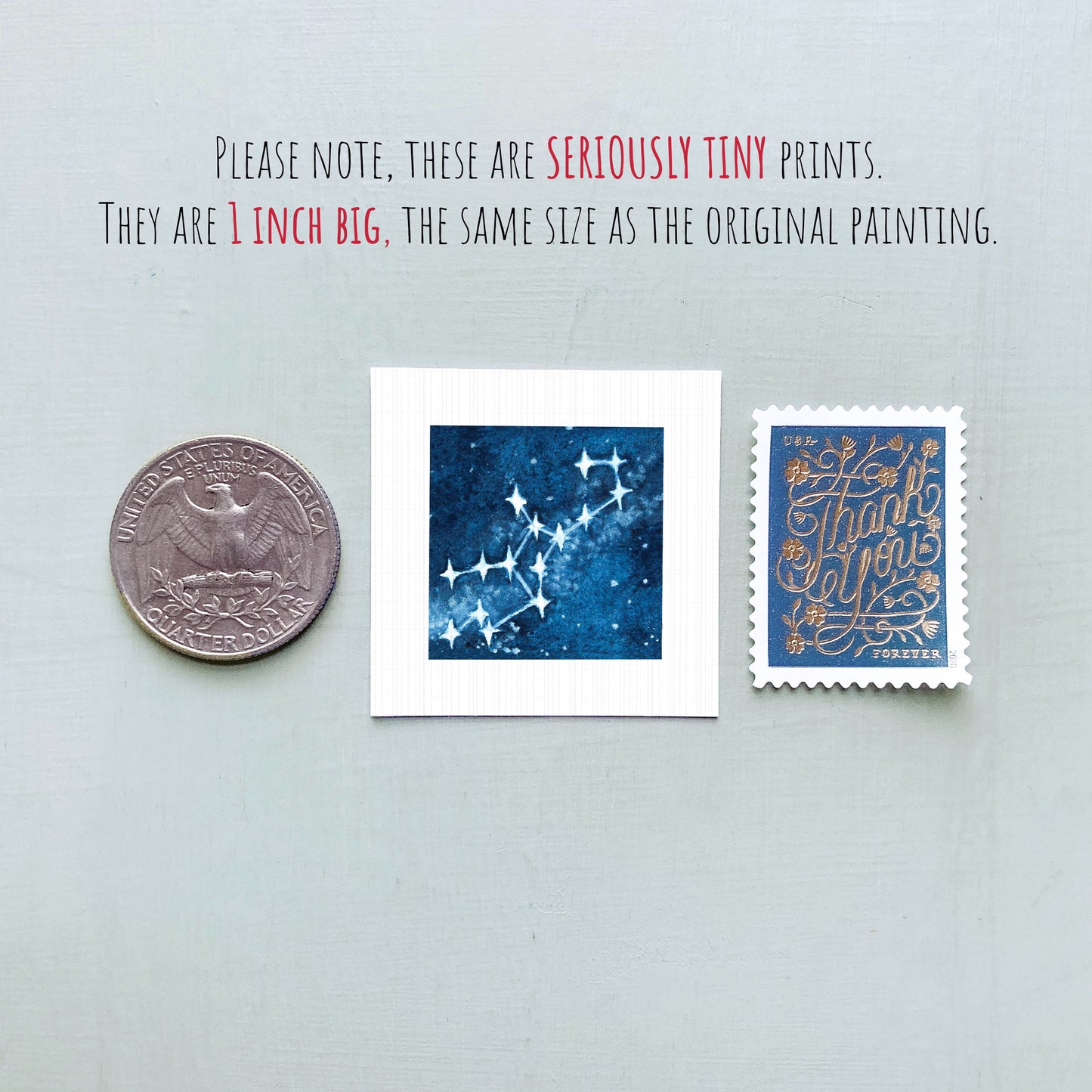 three small prints: a quarter, a square print with a starry night sky, and a postage stamp.