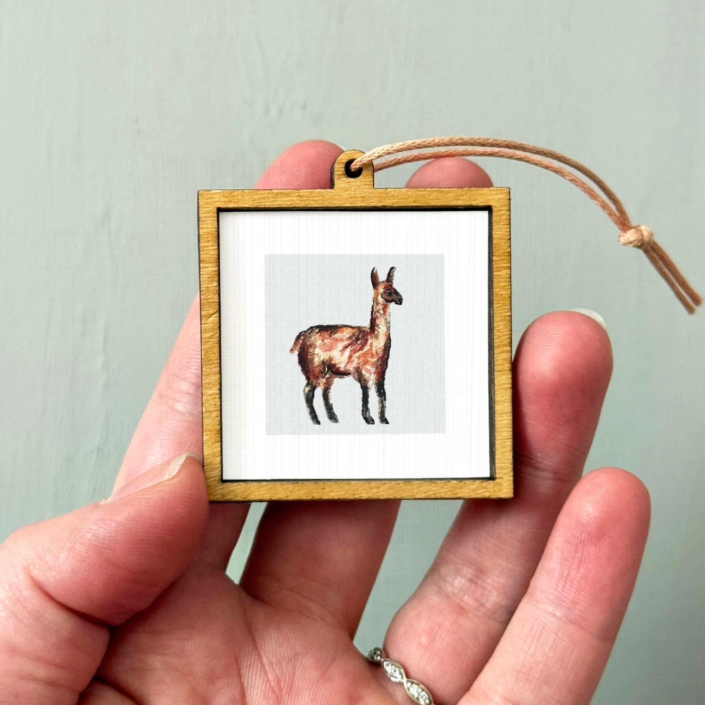 A person's hand holding a small wooden frame containing a picture of a llama.