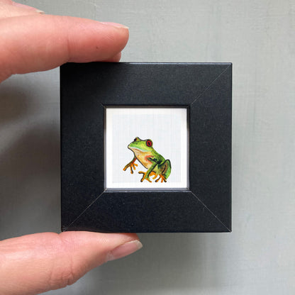 A person's hand is holding a small black frame containing a framed image of a green frog.