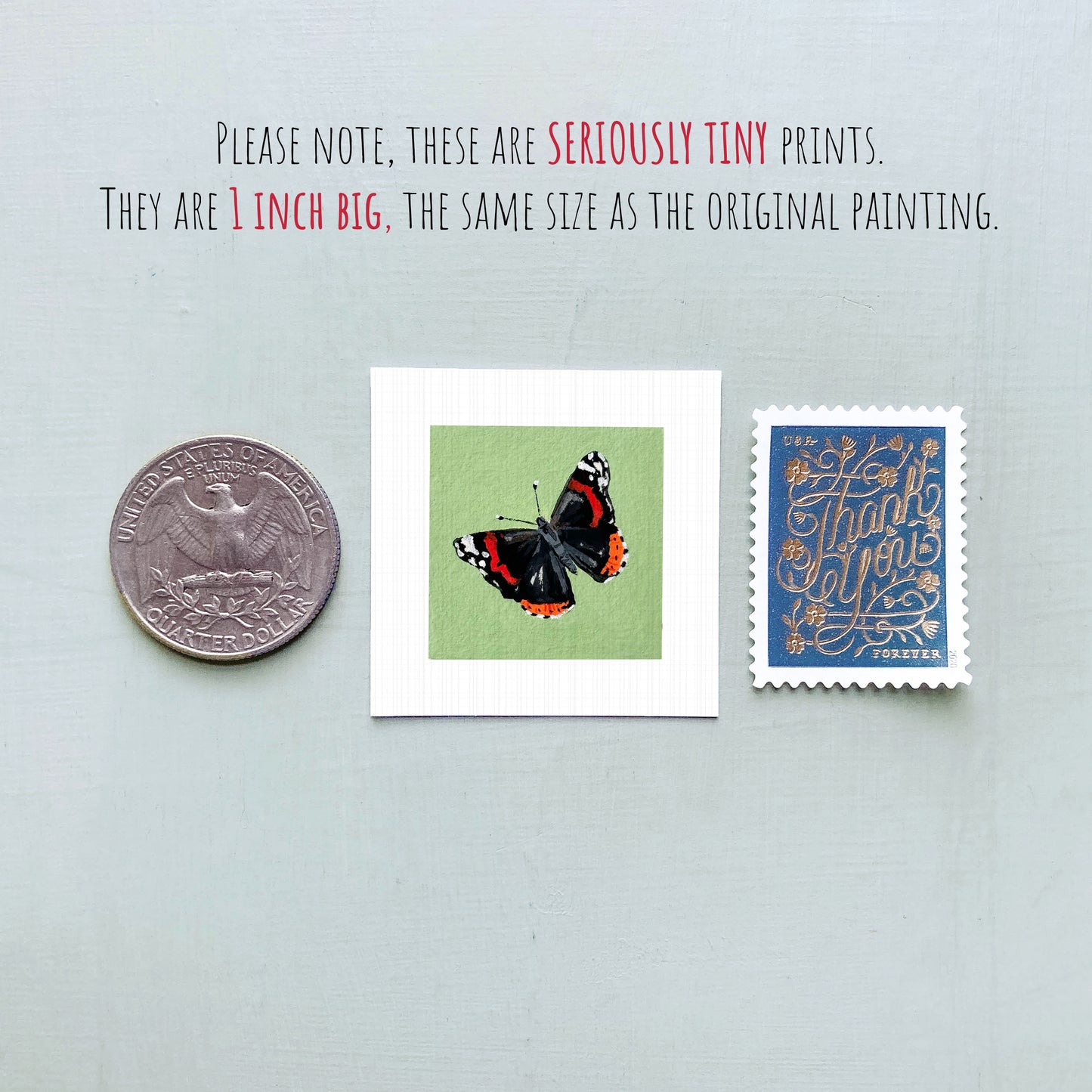 three small items: a silver coin, a white square with a butterfly illustration, and a blue postage stamp.