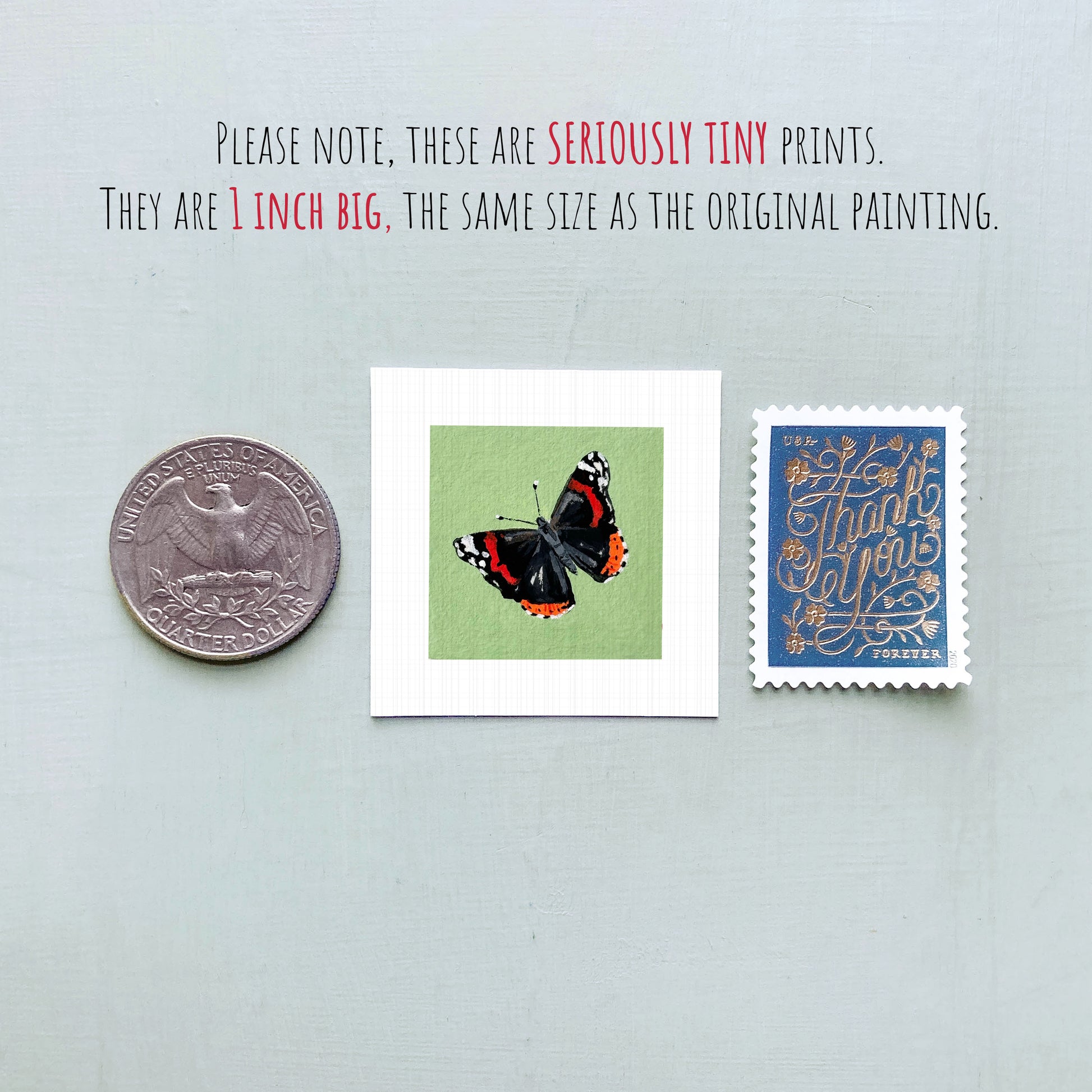three small items: a silver coin, a white square with a butterfly illustration, and a blue postage stamp.