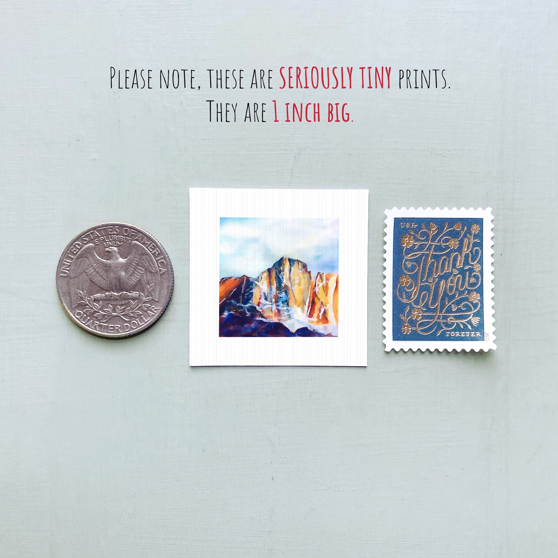 a collection of three small prints, including a quarter, a postage stamp, and a postcard, all of which are described as "seriously tiny prints" and "1 inch big."