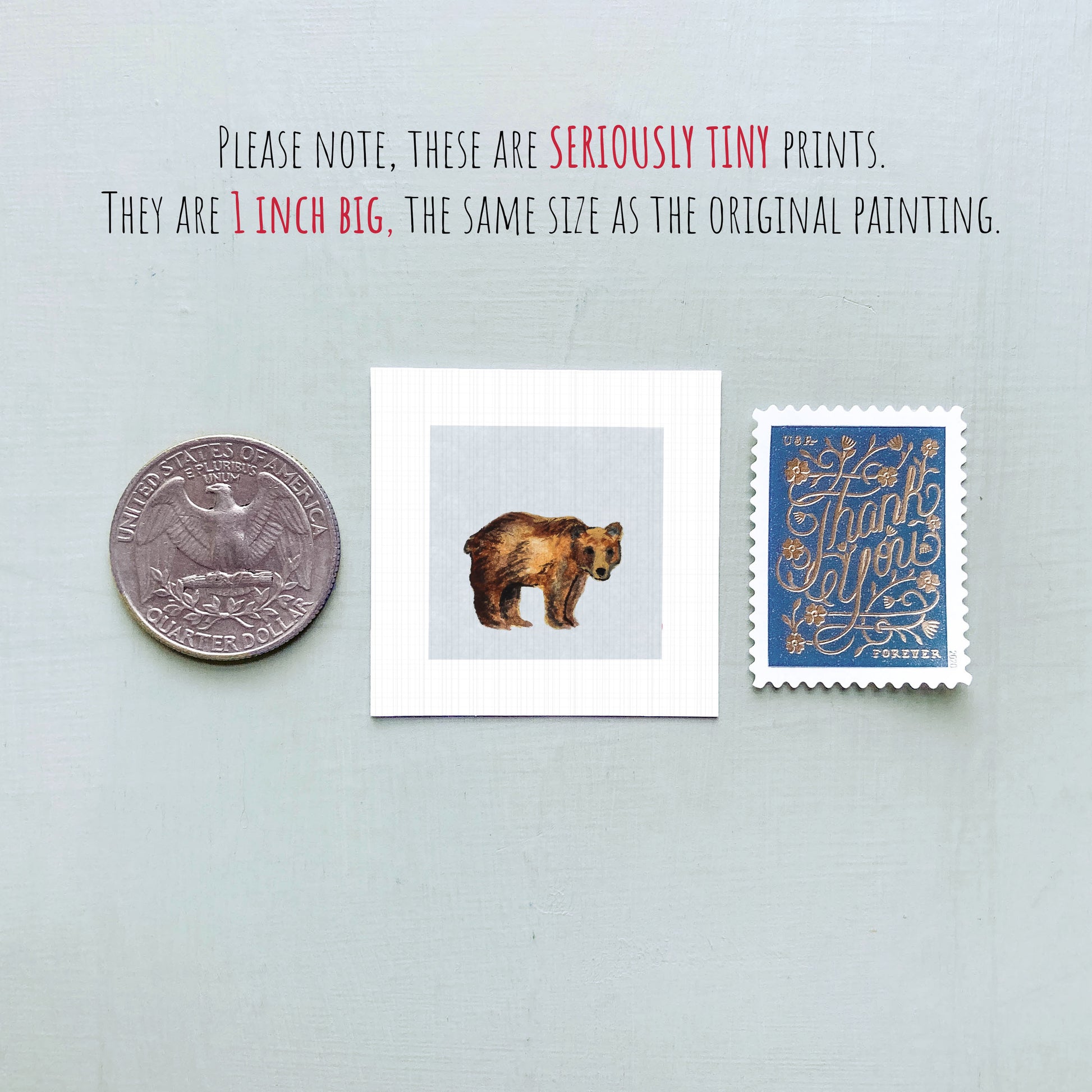 a collection of three small items: a quarter, a bear illustration, and a postage stamp.