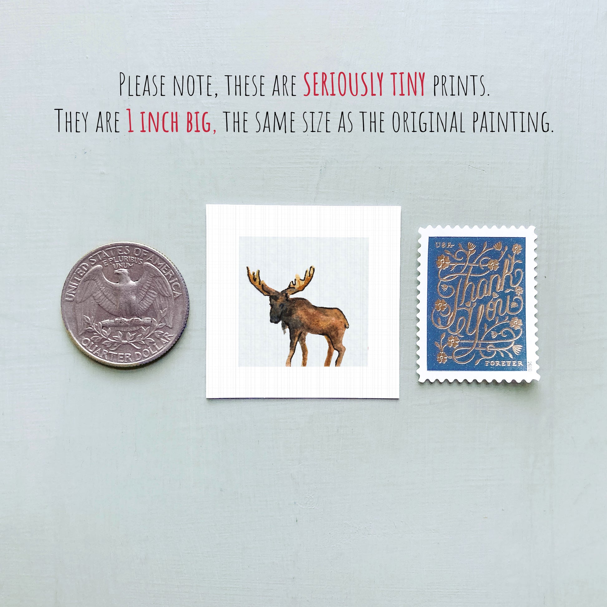 a collection of three small items: a quarter, a stamp, and a painting of a moose.