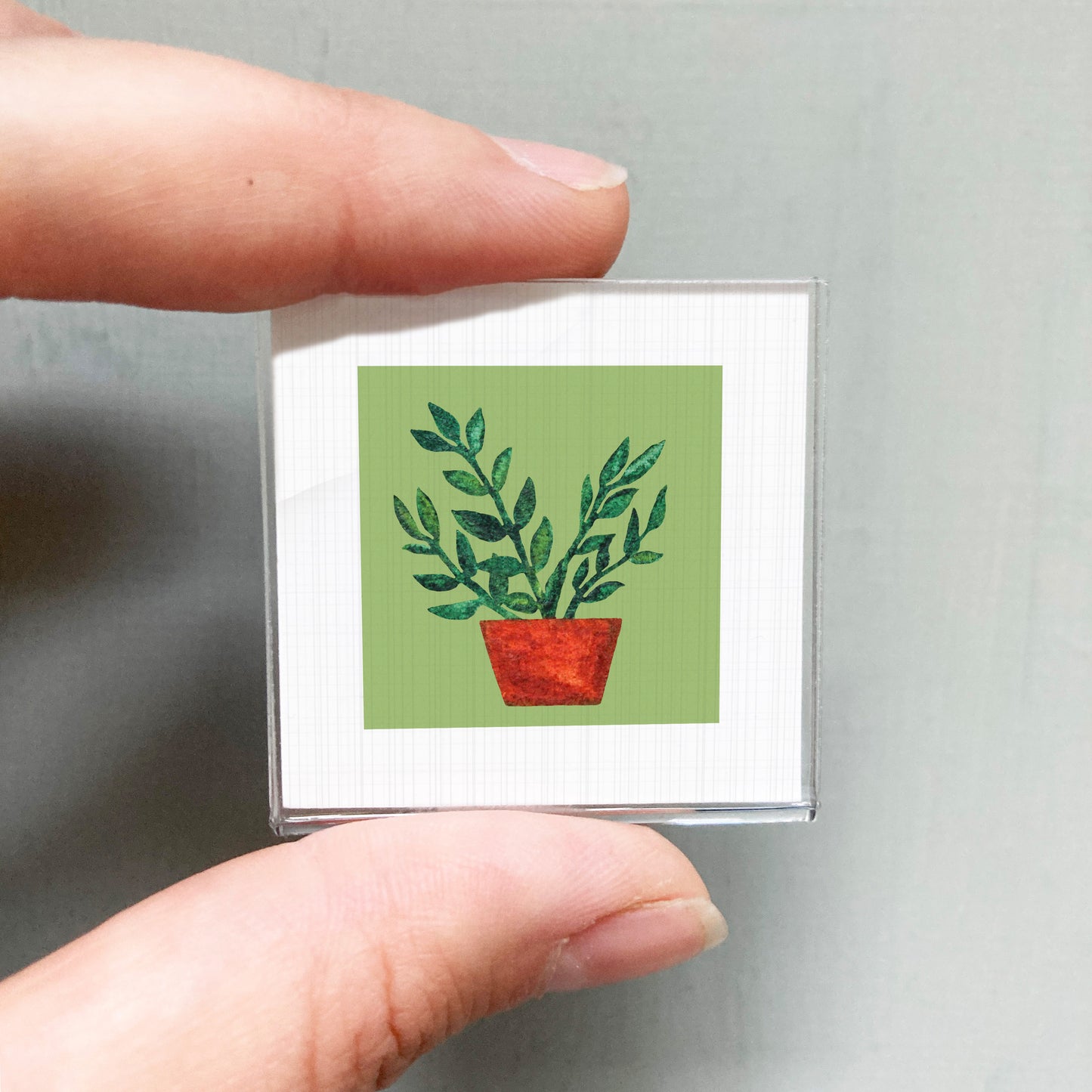 A person's hand holding a small square card with a picture of a potted plant on it.